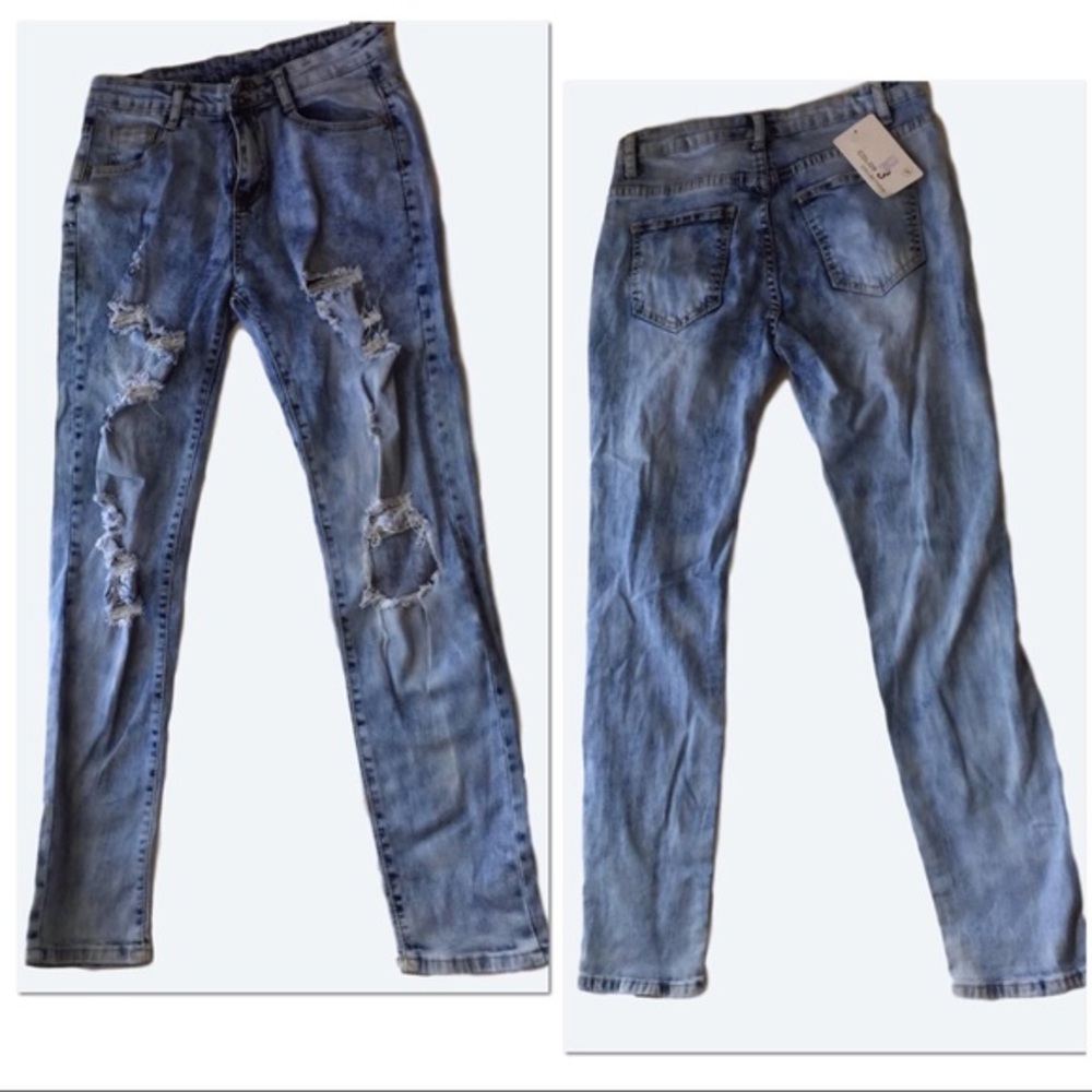 Distressed Mid Wash Denim Skinny Jeans, NWT